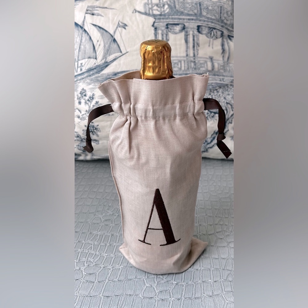 NEW Set of 2 Embroidery Initial (A) linen Wine Bags